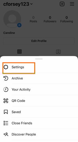 Click on Settings in the slide-up navigation bar that appears on the Instagram app